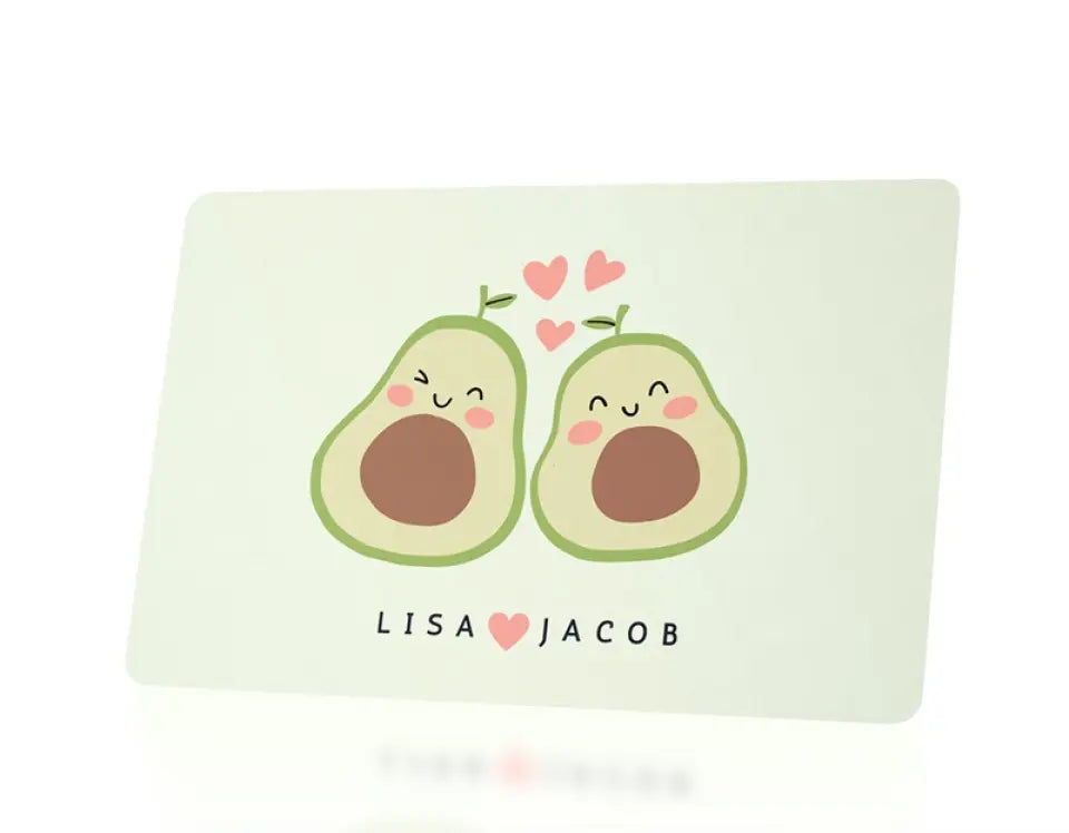 Personalised Metal Wallet Card - Add any text custom card - Keepsake Gift For Him, Boyfriend, Husband, Valentines, Anniversary - own text. advocados in love cute characters
