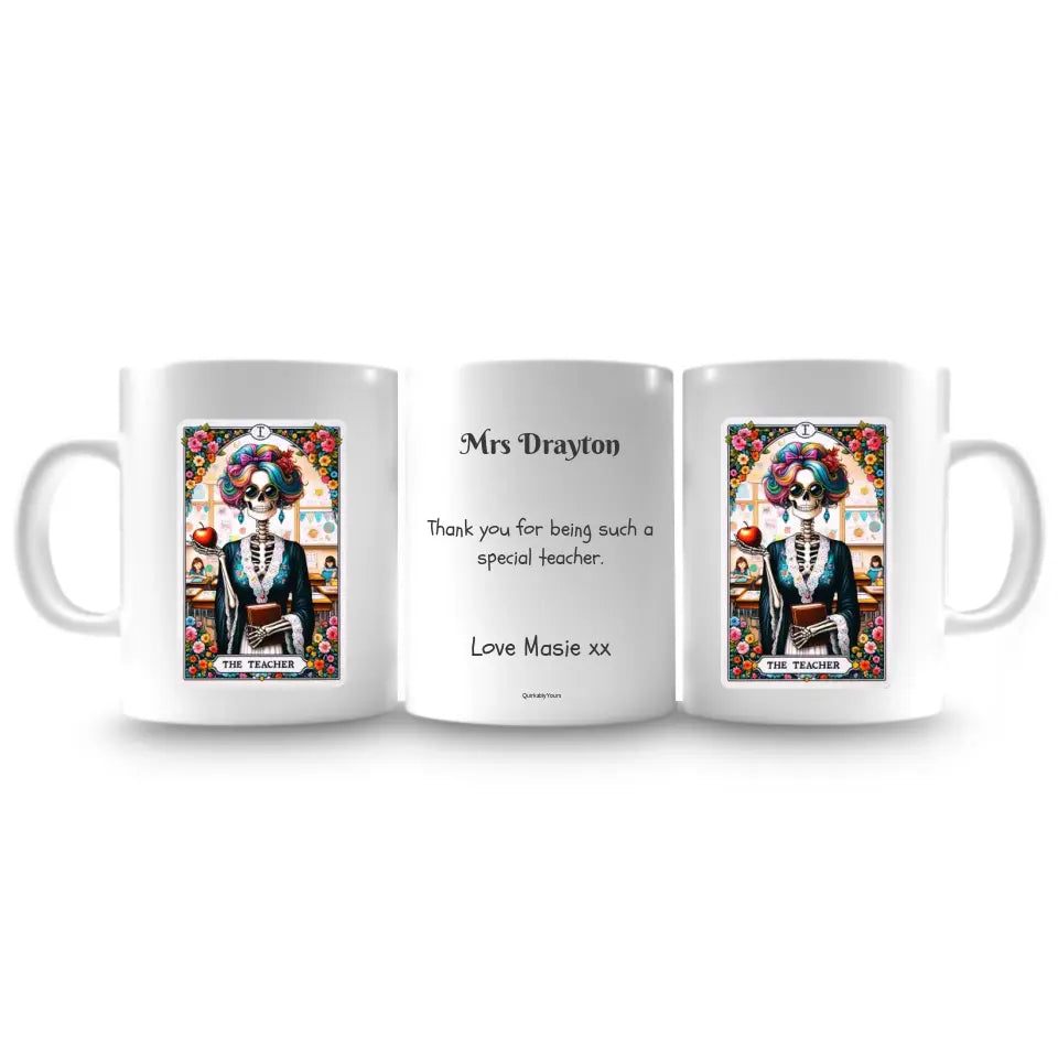 Fun and quirky teacher gift mug with personalised tarot card design