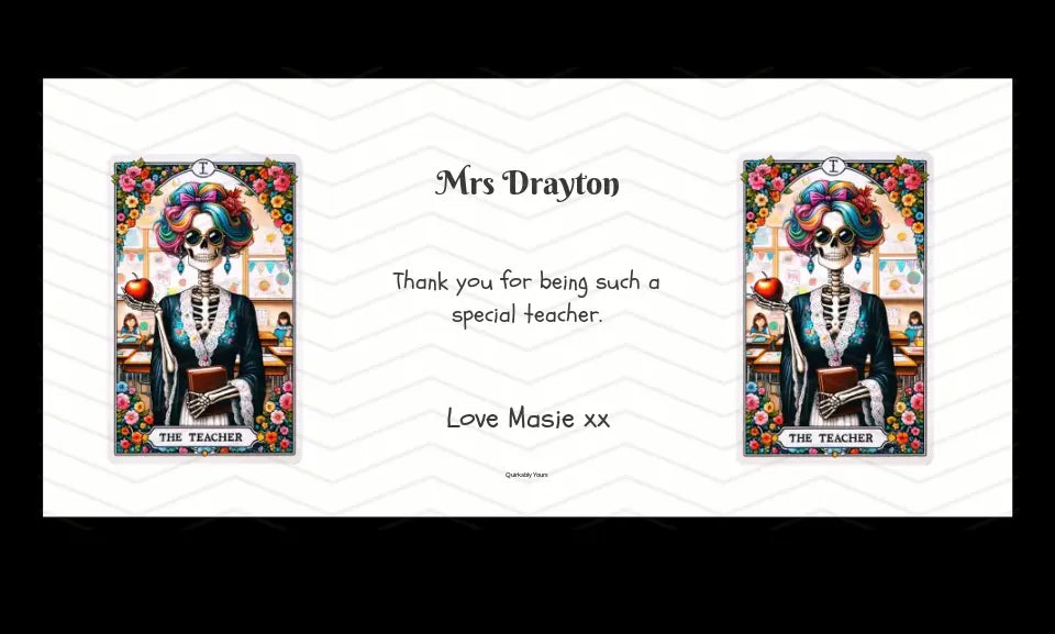 Unique personalised gift mug for teachers with a teacher tarot card design