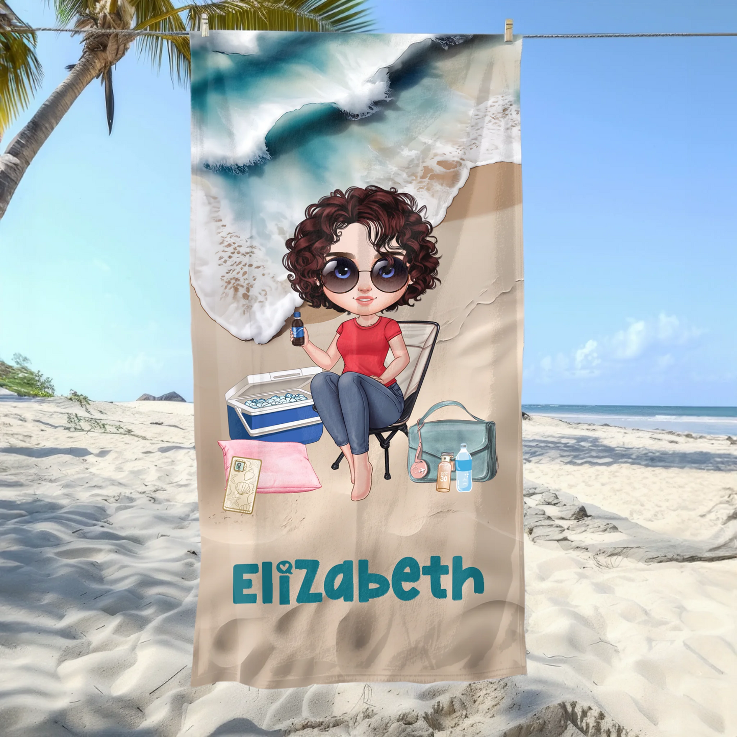 Lady Character Personalised Beach Waves Towel Gift with Name - Girl Quick Dry Travel Essentials copy