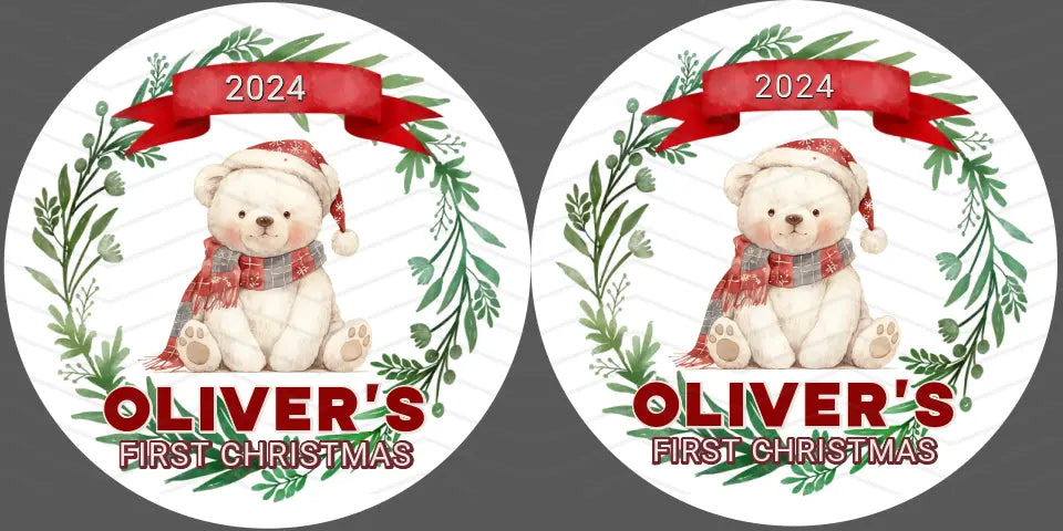 Baby’s first Christmas ornament with custom name front and back