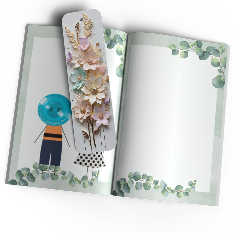 Gifting Pastel 3D Flower Bookmark: Stunning modern bookmark with 3D pastel flowers, ideal for gifting on special occasions.. Made of Aluminium and is 15x4.5cm
