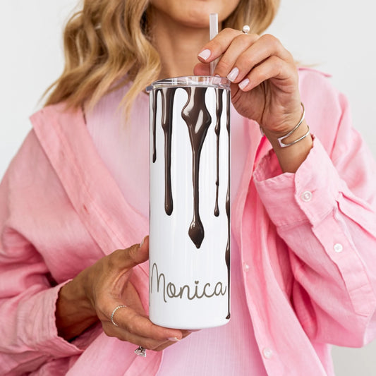 Insulated cup with dripping chocolate and personalised with a name - perfect for chocolate lovers