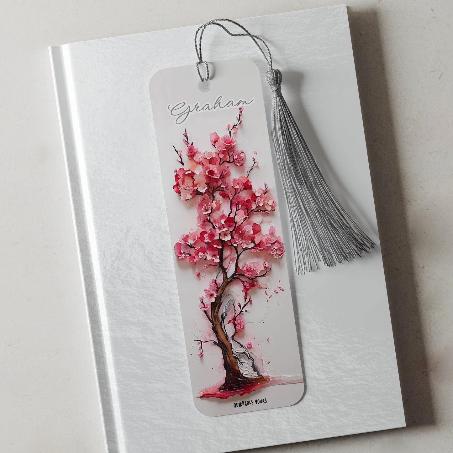 Personalised floral aluminium bookmark with pink and red blossoms