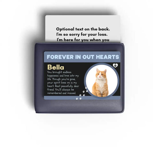 loss of a cat memorial card with photo, sitting on a wallet