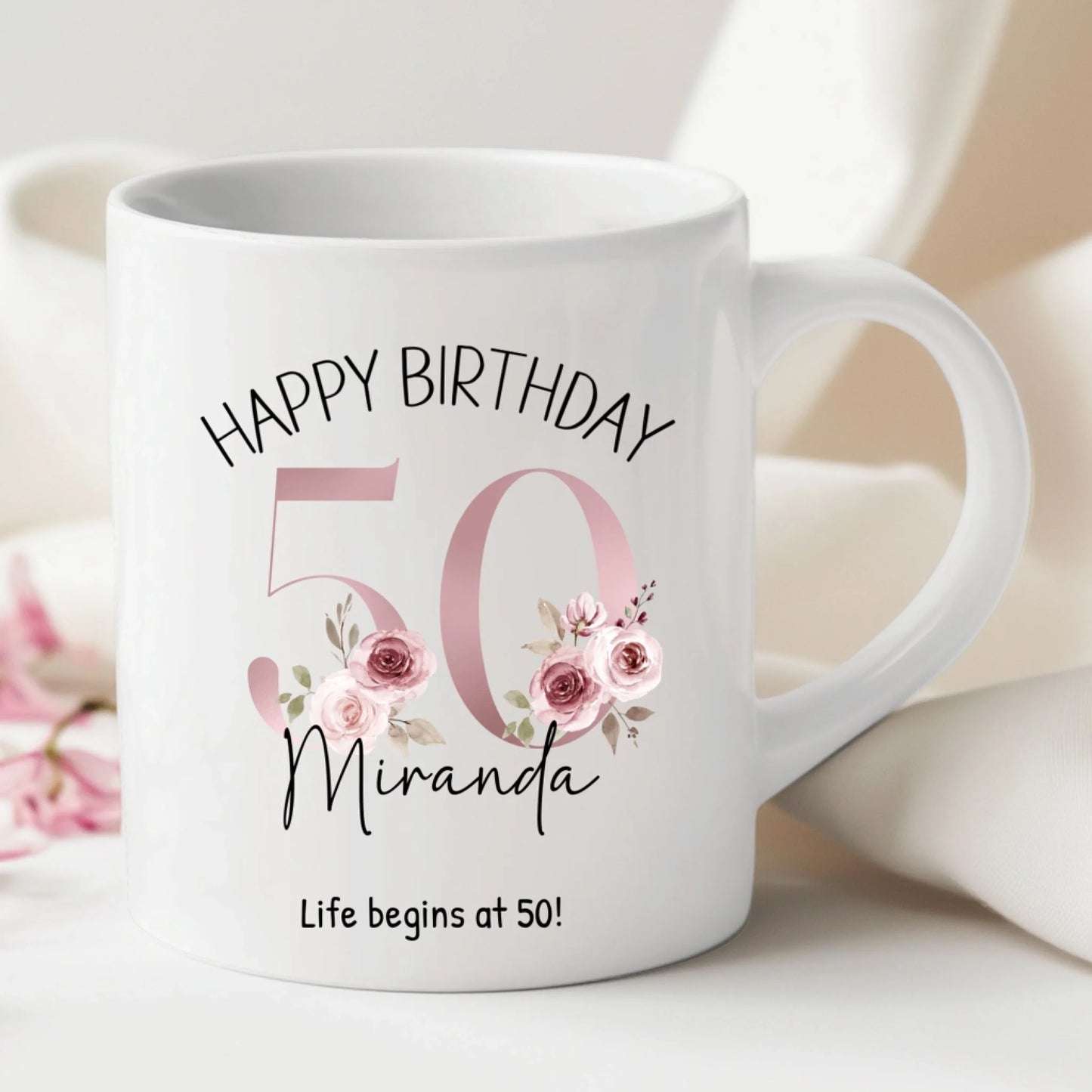 50th-birthday-mug-personalised pink flowers