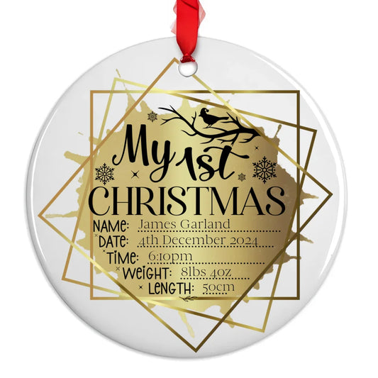 Gold and black Christmas tree decoration for newborn with red ribbon