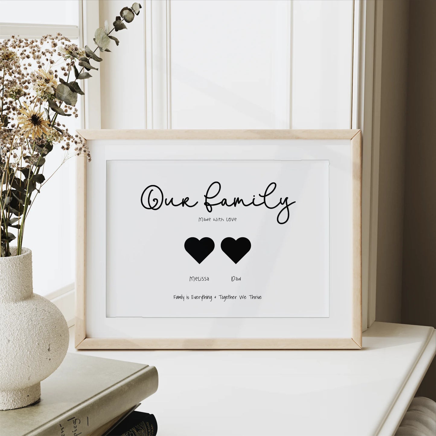 Family names print with black hearts