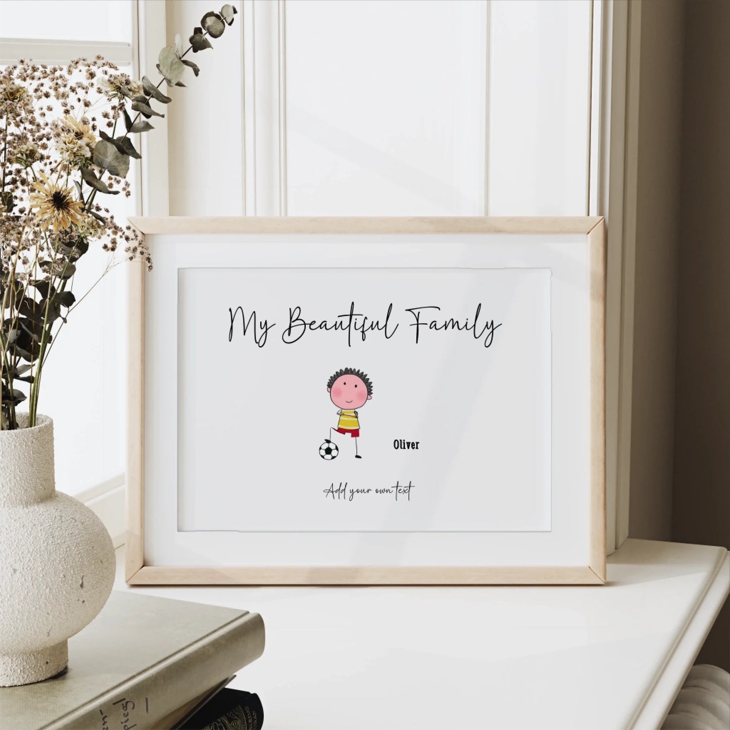 Framed artwork with 'My Beautiful Family' text and a child illustration on a white surface.