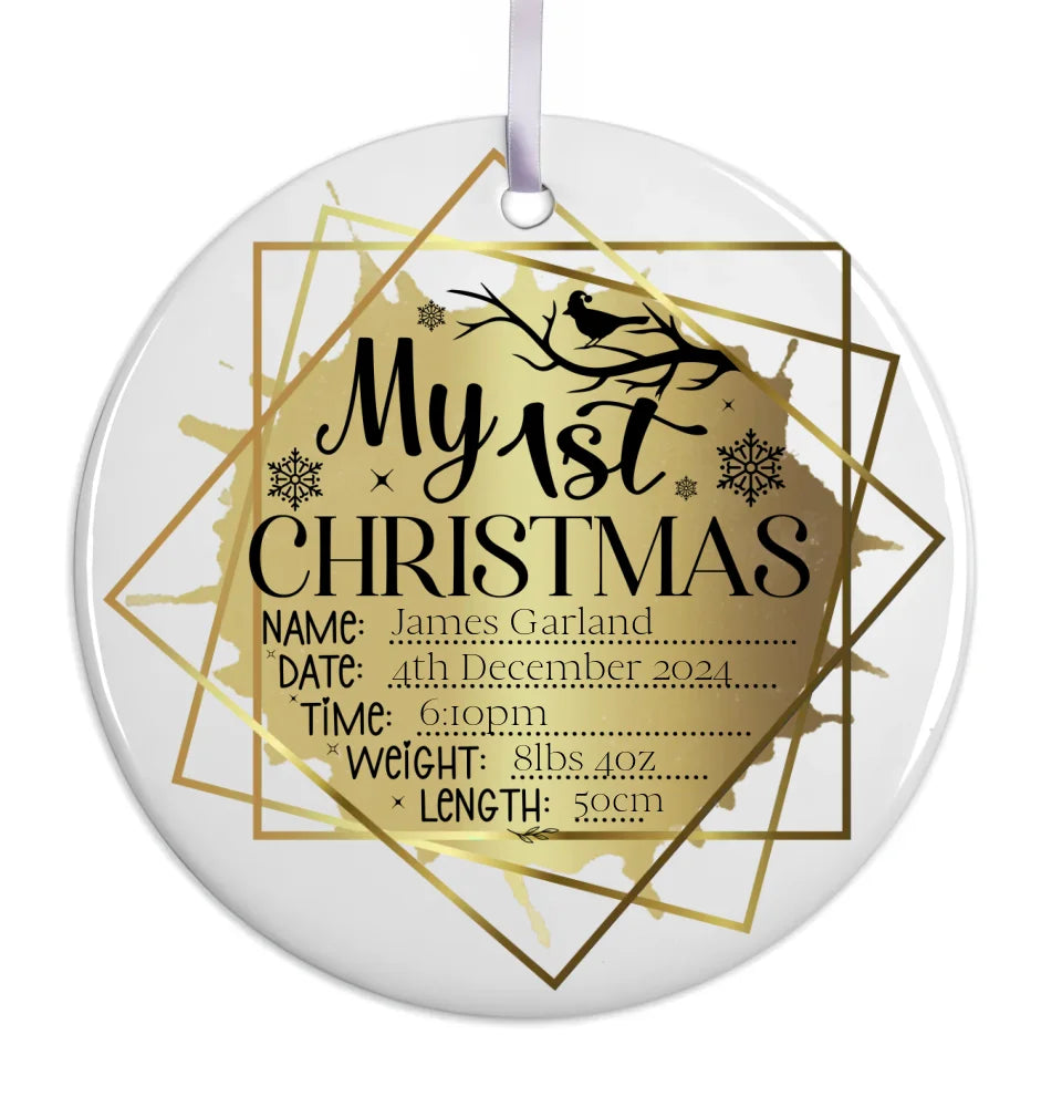 My First Christmas ceramic tree ornament with custom details and white ribbon