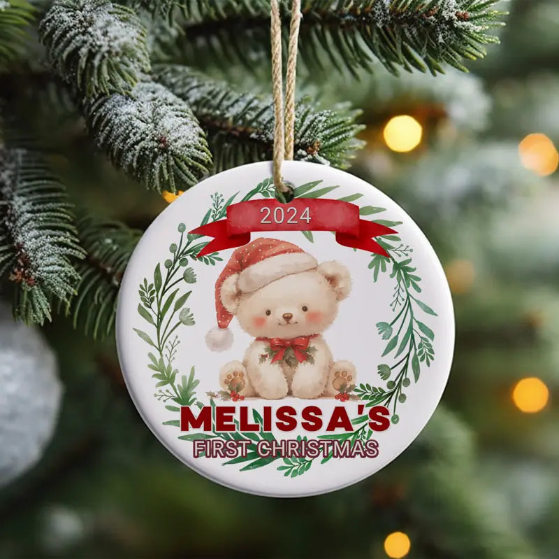 Personalised baby’s first Christmas bauble with cute bear design