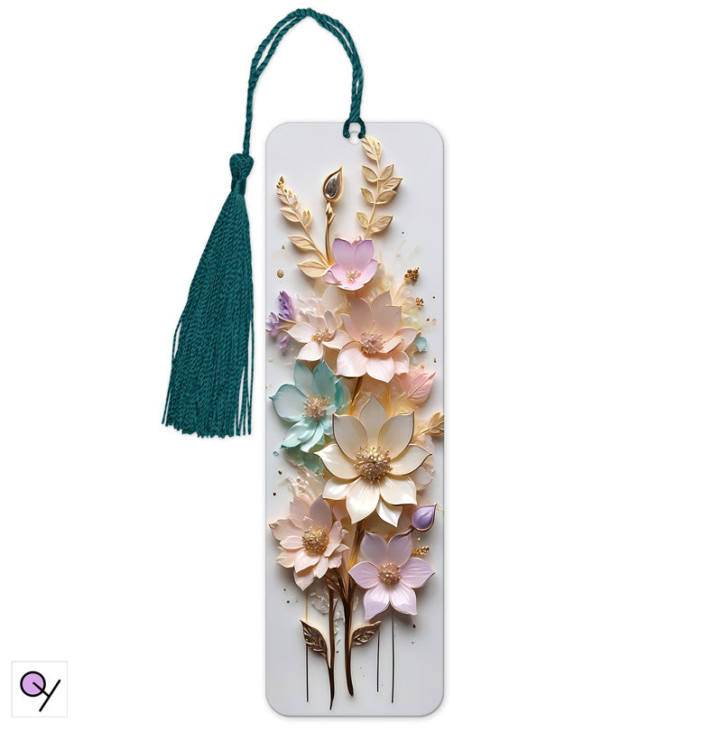 Aluminium 3D Floral Bookmark Gift: Pastel-colored flowers on a white background, made of aluminium, perfect gift for special occasions.