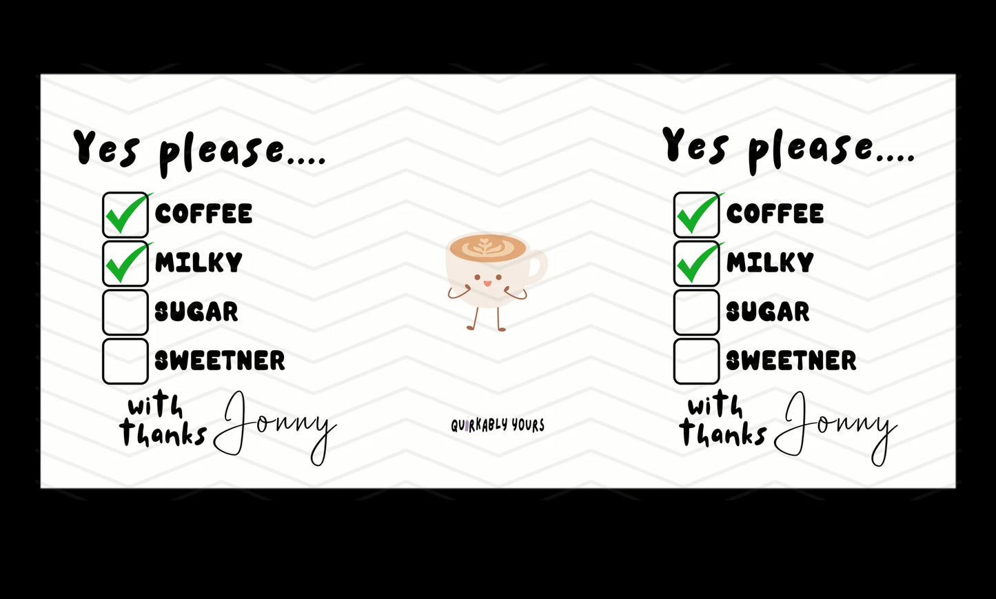 Coffee order form with checkboxes for coffee, milky, sugar, and sweetener, with a cartoon coffee cup illustration.