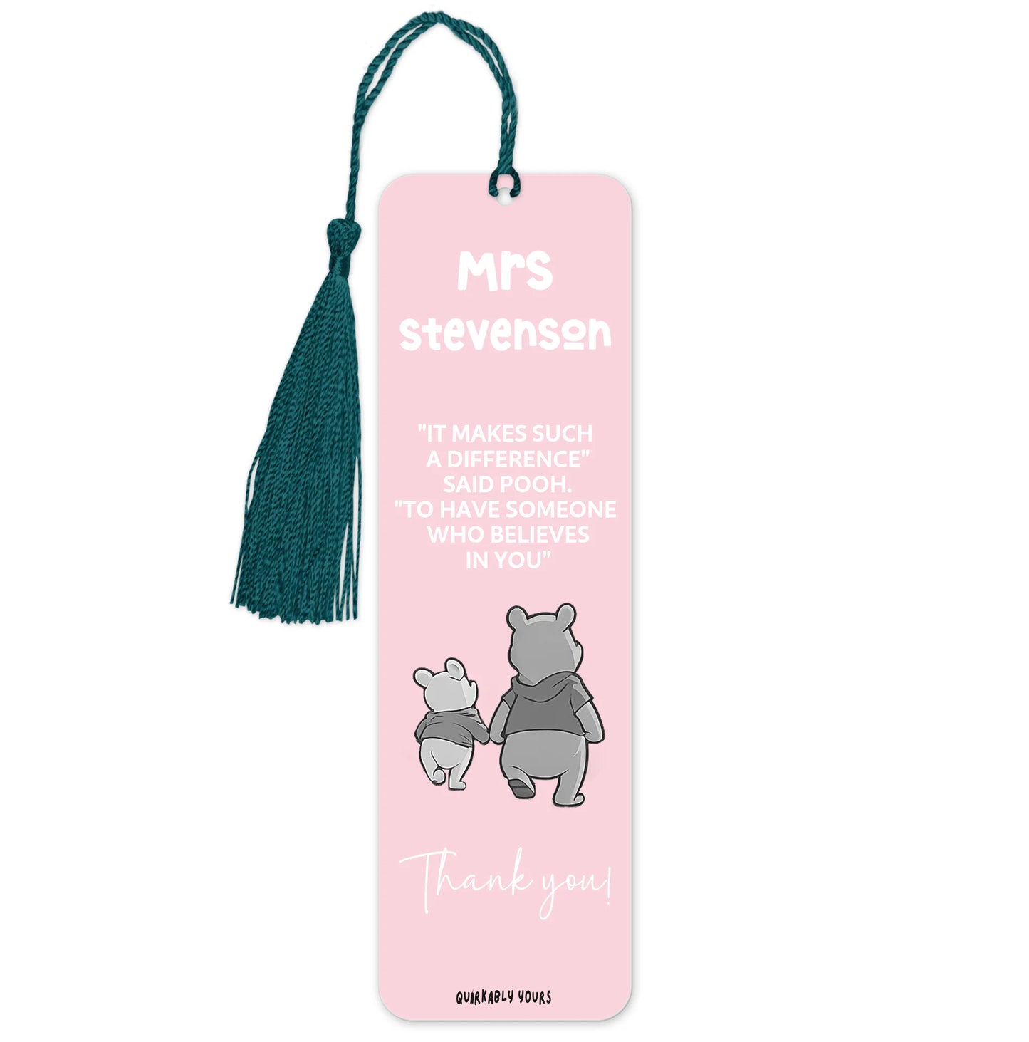 Than you bookmark with tassel featuring cartoon characters and text on a pink background