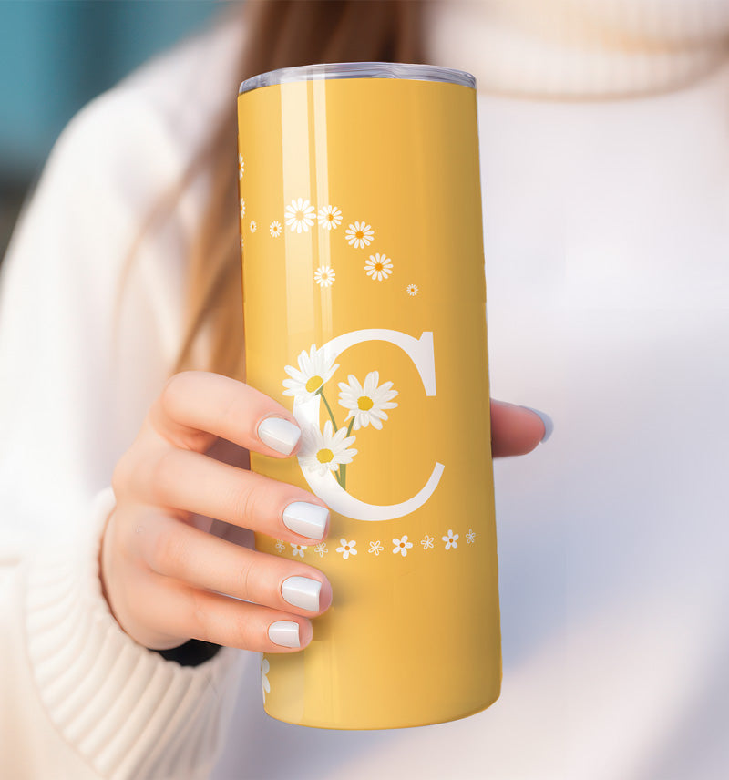 C – Personalised tumbler with letter C and daisies, quirky and fun gift idea