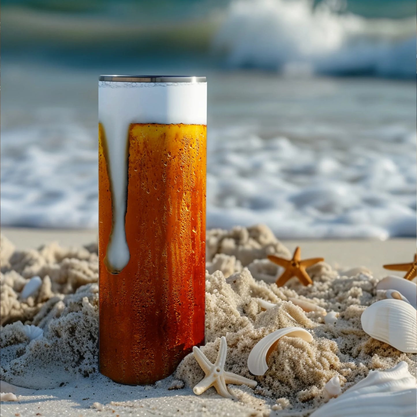 Insulated travel mug with beer aesthetic