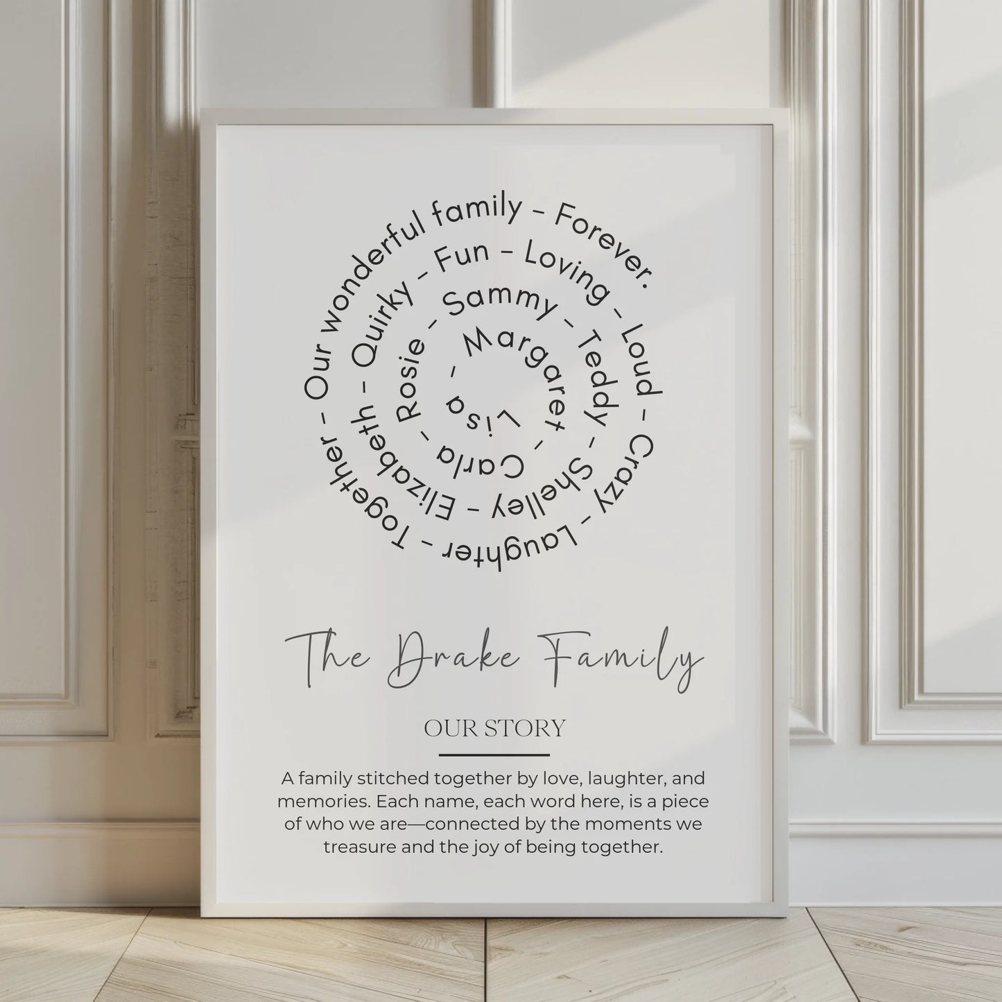 Personalised names and phrases in spiral print