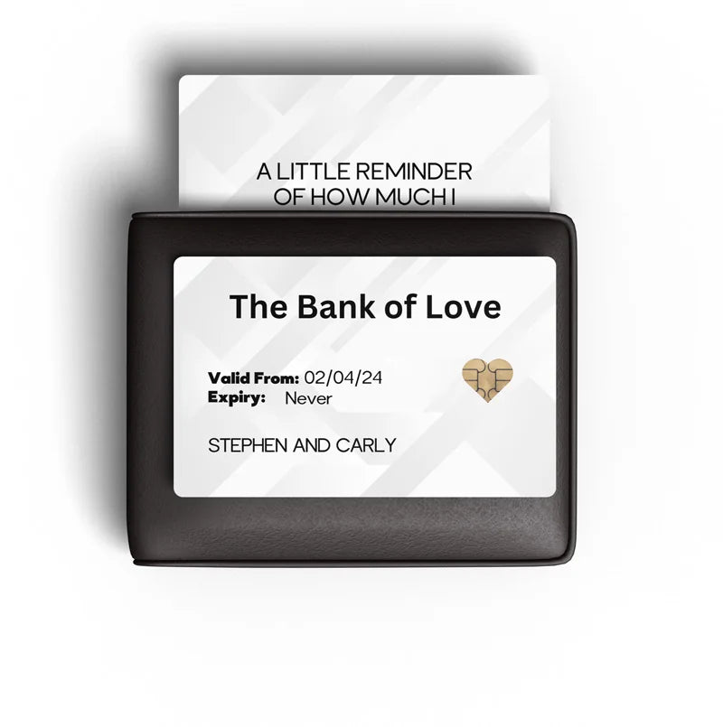 wallet with a card inside labelled 'The Bank of Love' on a white background