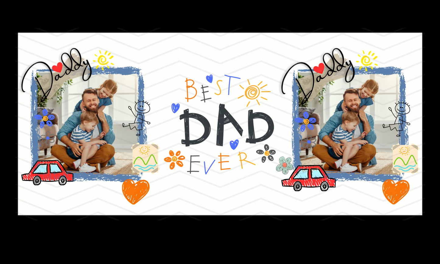 Design with 'Best Dad Ever' text and images of a father and child, surrounded by decorative elements.