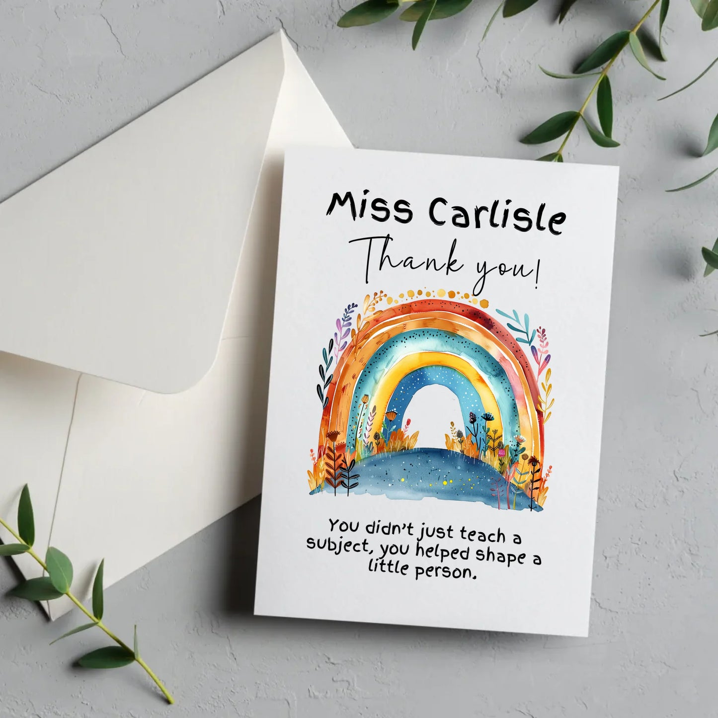 Personalised teacher thank you card rainbow