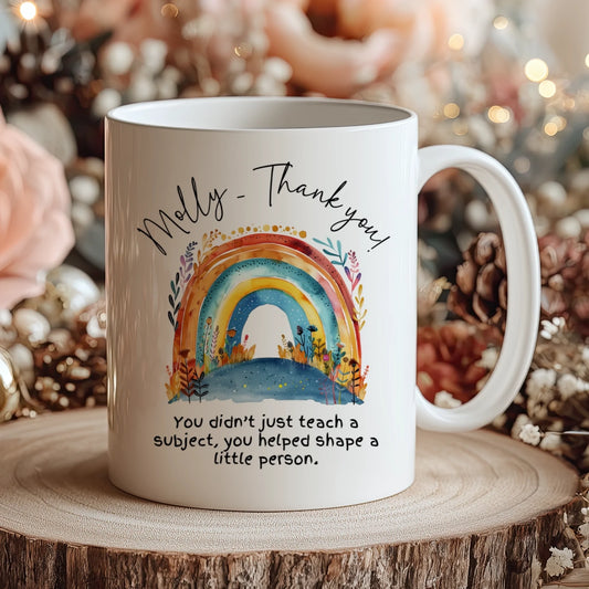 Boho rainbow mug with teacher quote