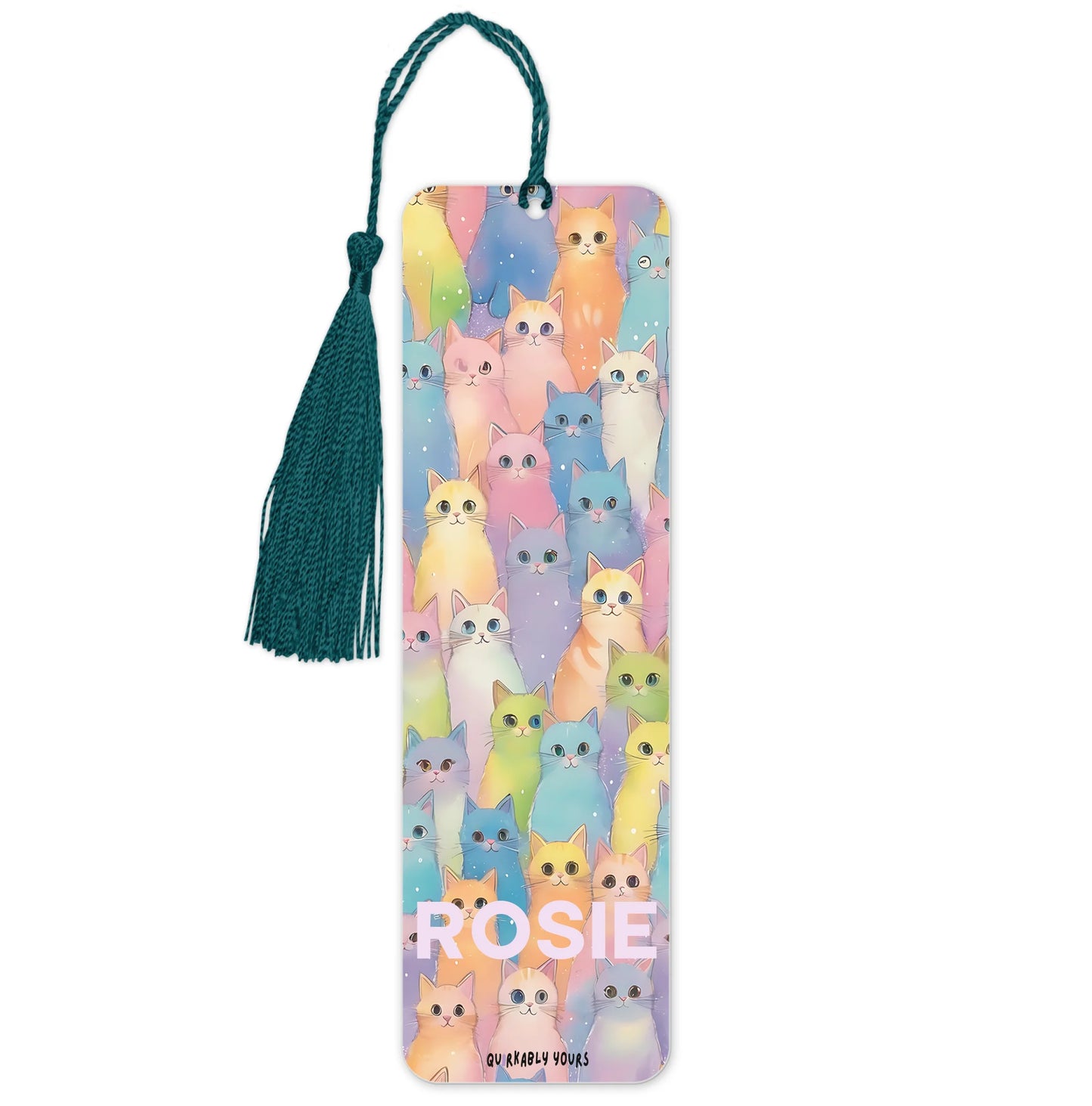 Bookmark with colorful cat pattern and tassel on a white background