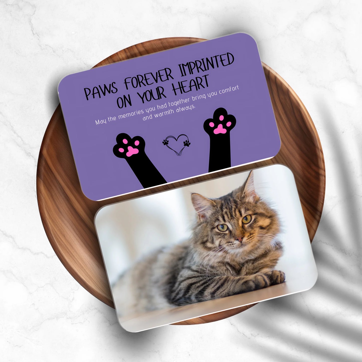 Personalised Paws Forever metal wallet card with custom cat photo