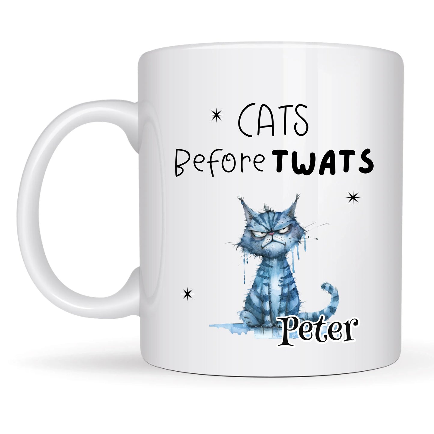 Humorous cat-themed mug with personalisation