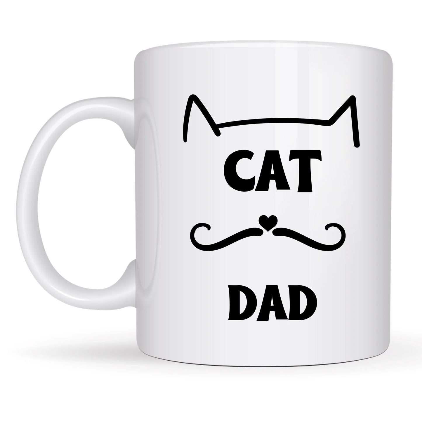 Cat-themed mug with heart-shaped nose and text "Cat Dad"