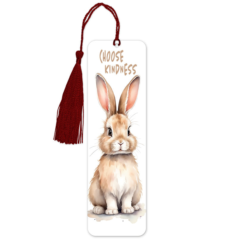 A bookmark featuring a cute rabbit illustration with the words 'Choose Kindness' and a red tassel.