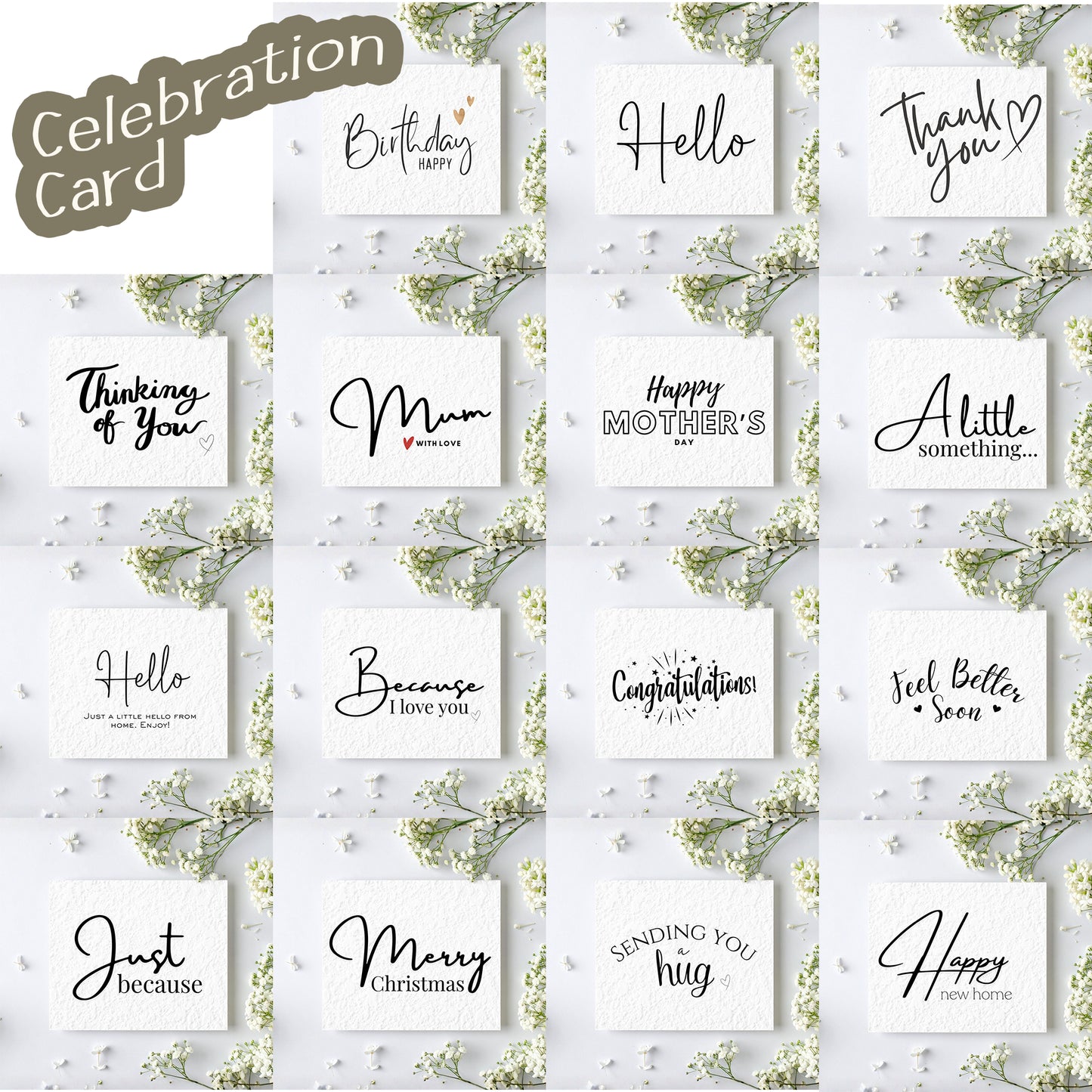 Collection of small greeting cards with various messages and floral decorations on a light background.