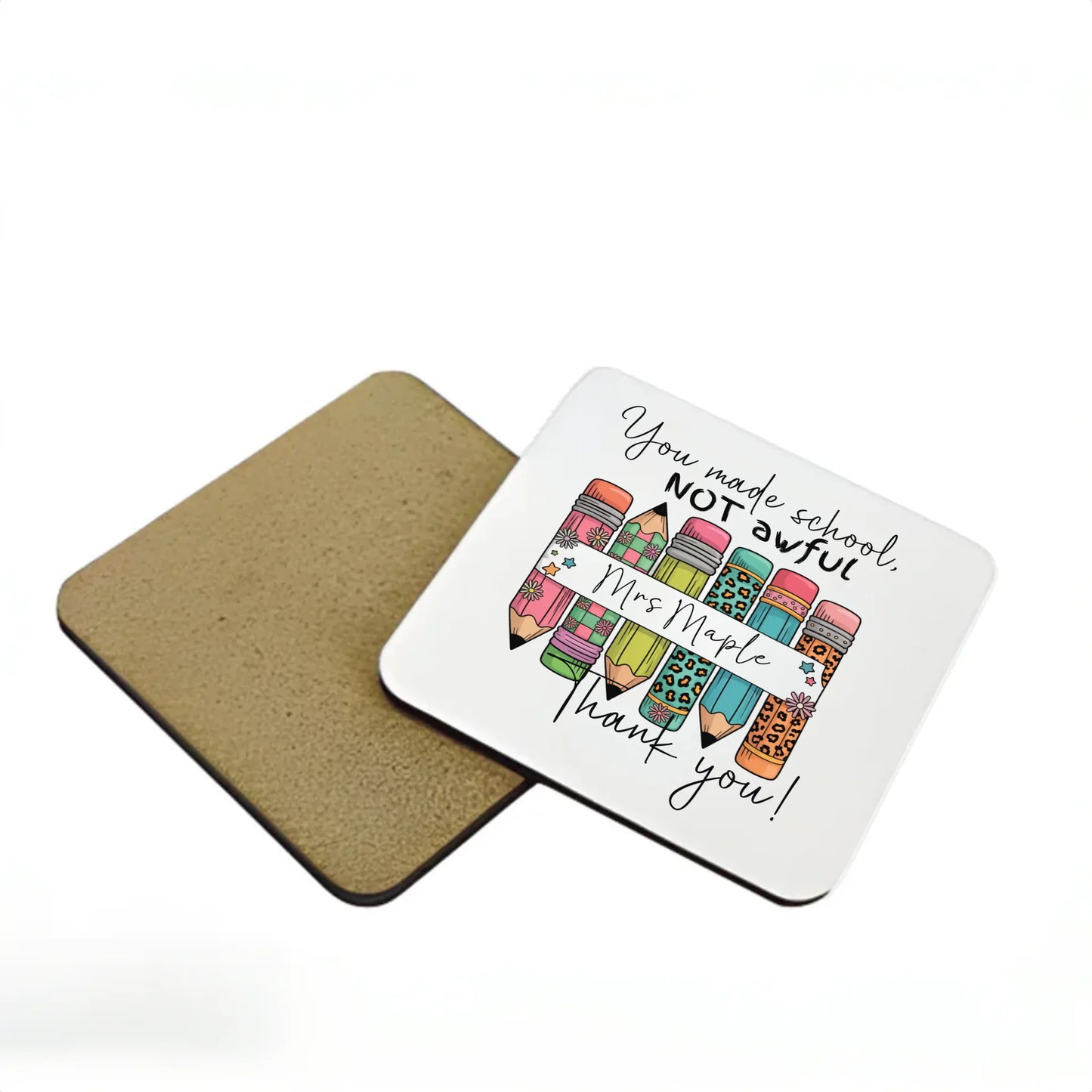 Colourful thank you teacher coaster with bright pencils and playful text