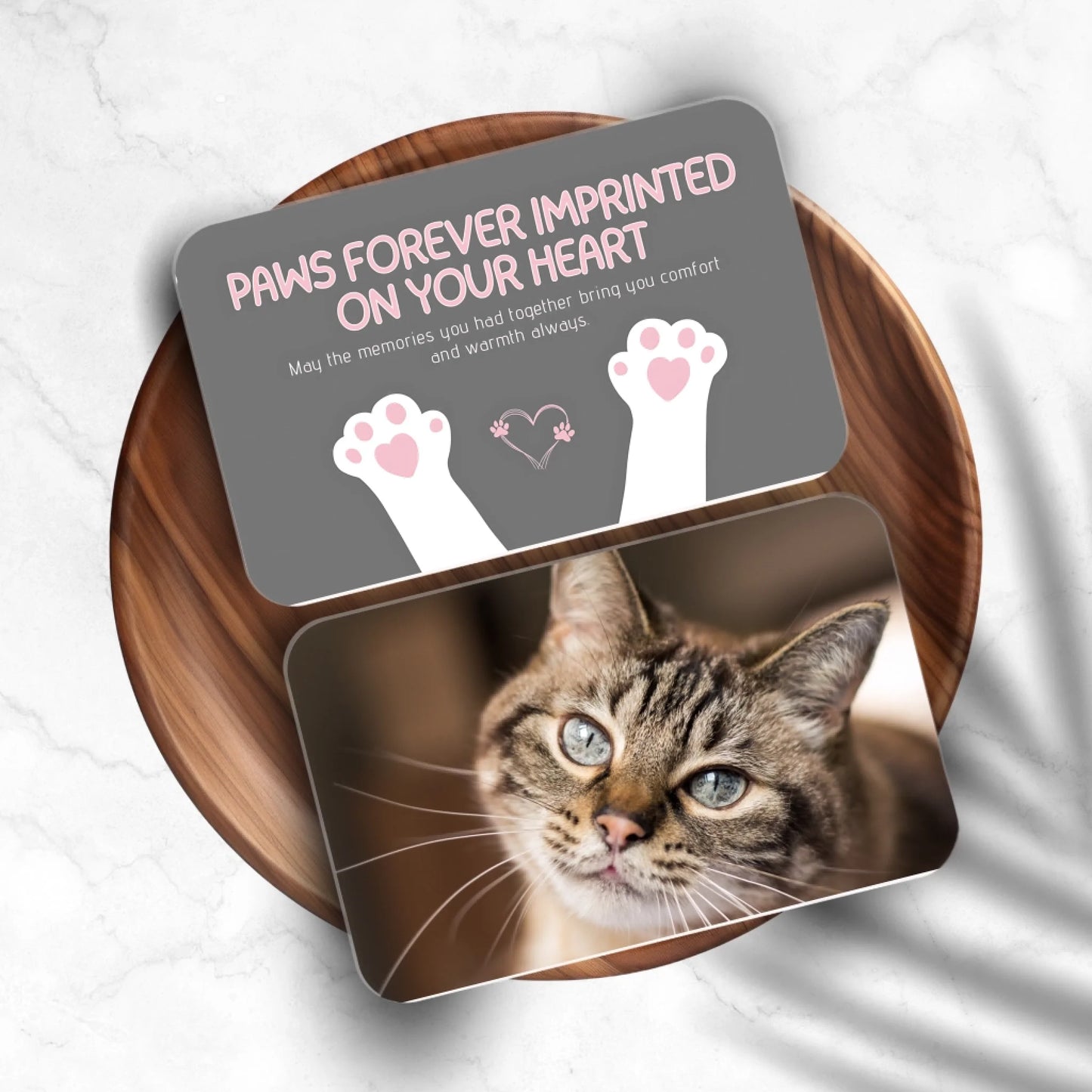 Custom cat photo wallet card with “Paws Forever” message