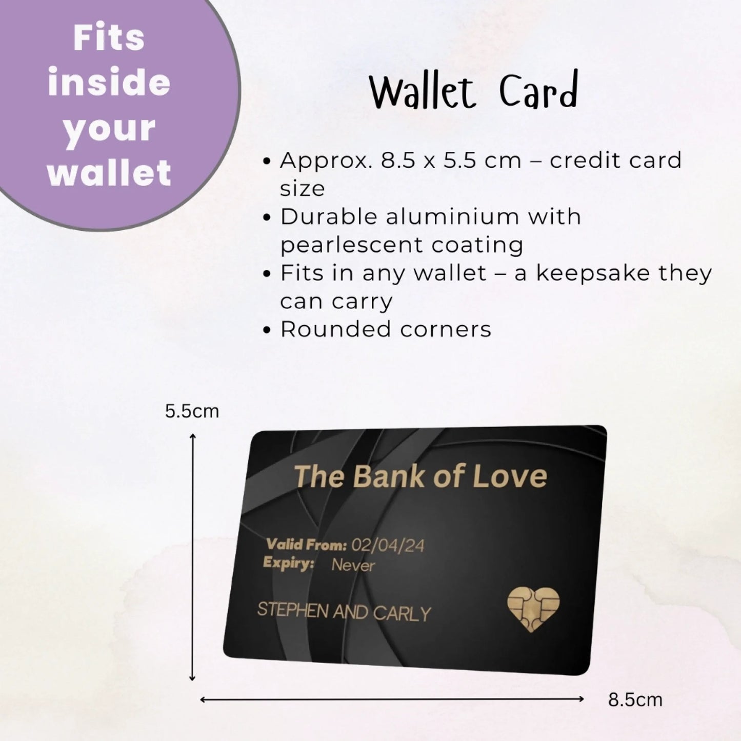 Product info for Pearlescent white metal wallet hug keepsake