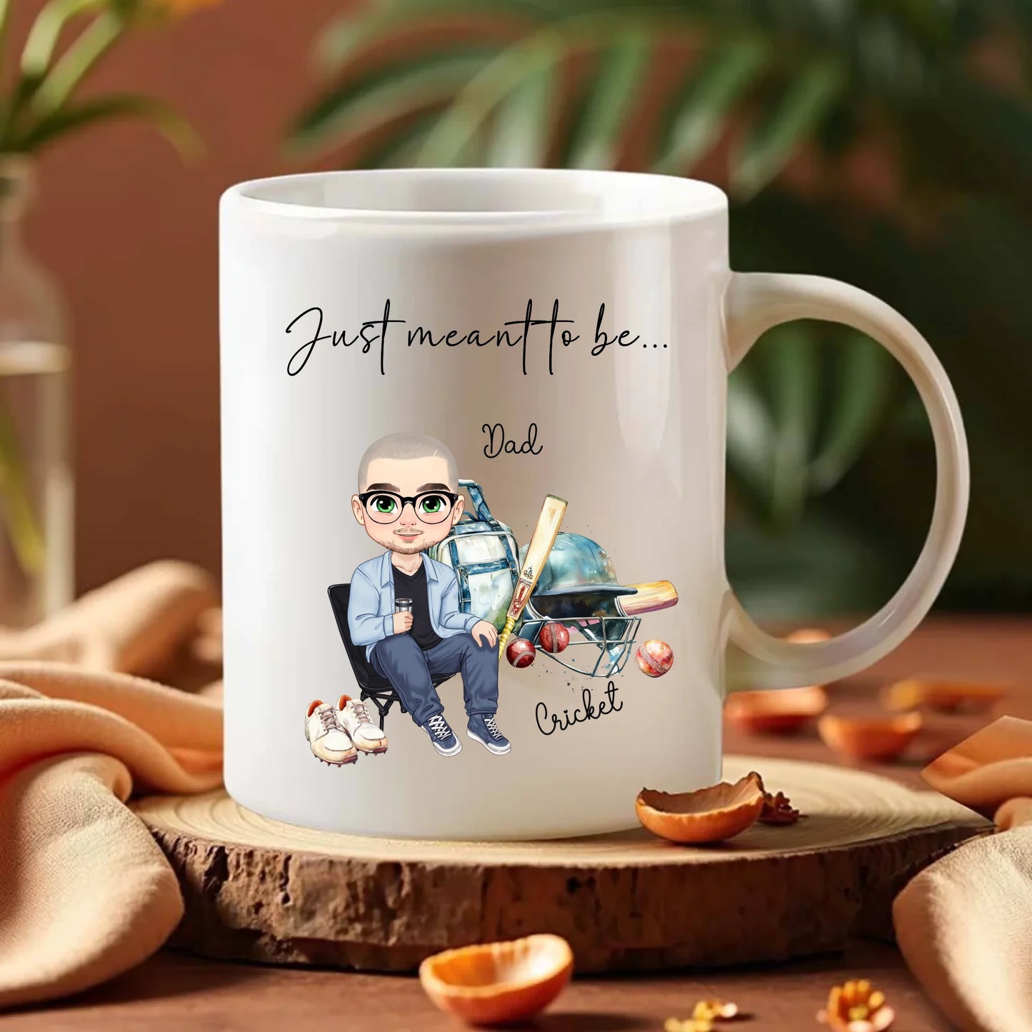 Just Meant to Be mug with cricket bat and helmet