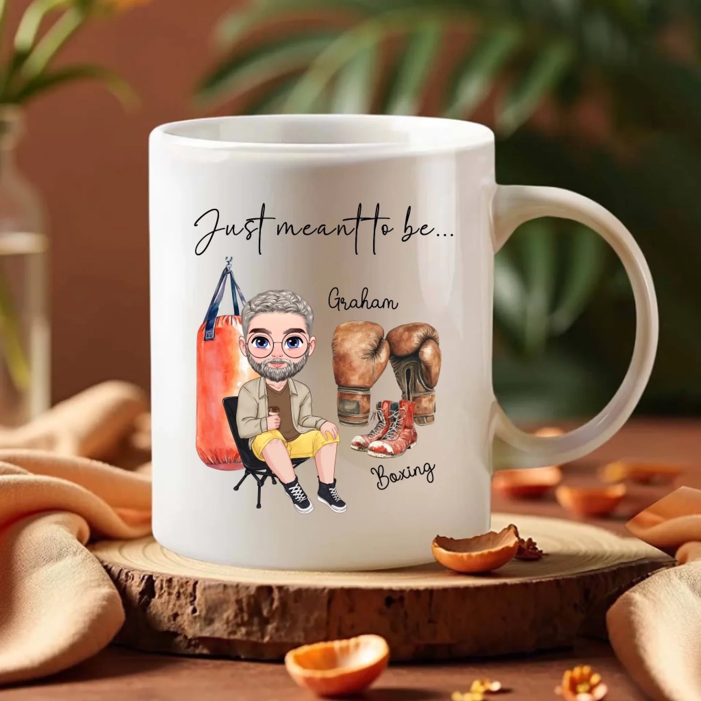 Custom chibi boxer mug with punch bag graphic – ideal boxer gift