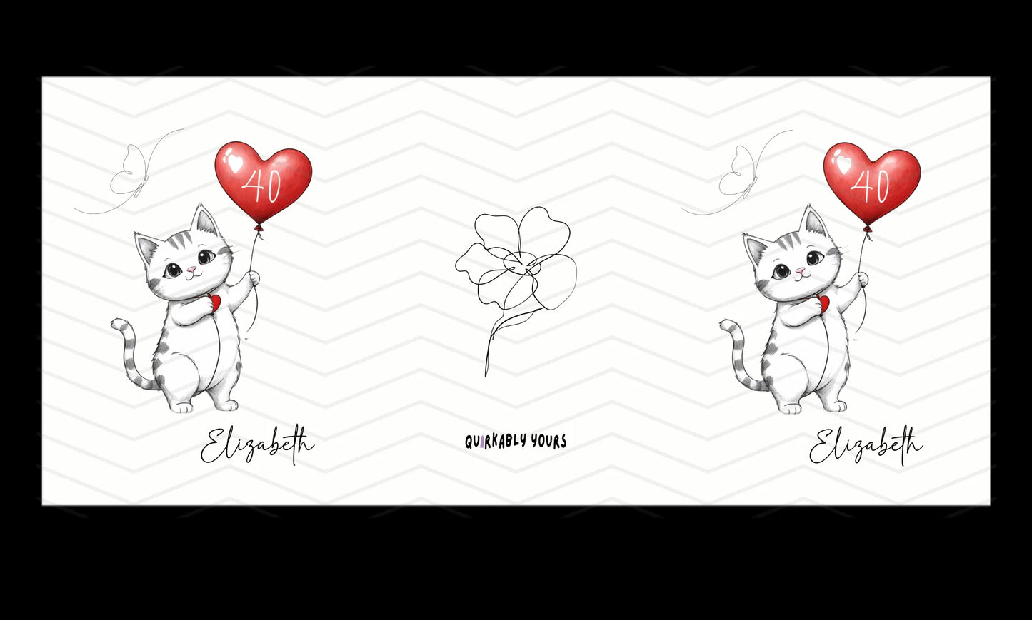 Two illustrations of cats holding heart-shaped balloons with '40' on a white background mug template