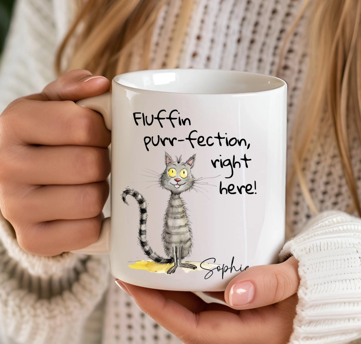 fluffin perfection mug with quirky feline graphic