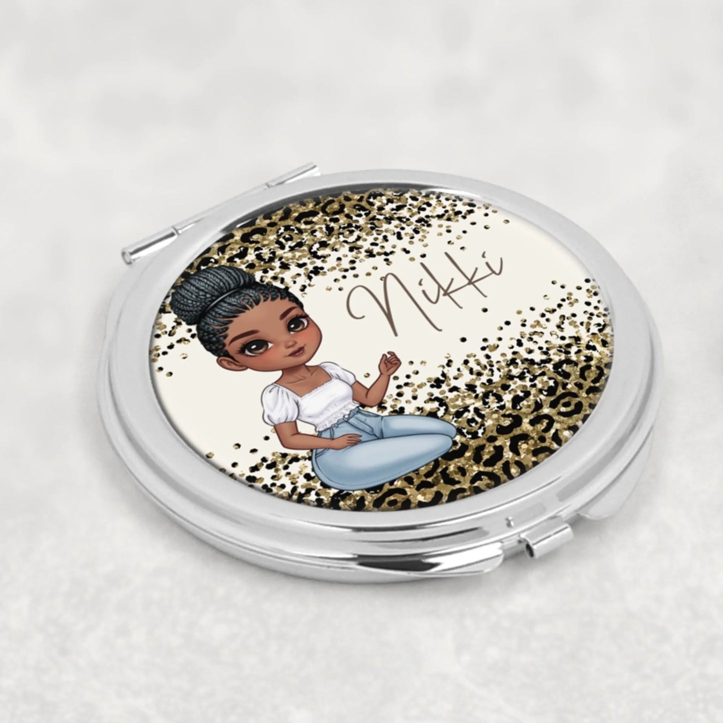 Leopard print compact mirror with custom character