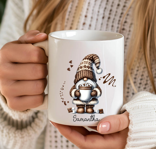 Person holding a white mug with a gnome design and 'Samantha' text - sweet treat gift idea mug