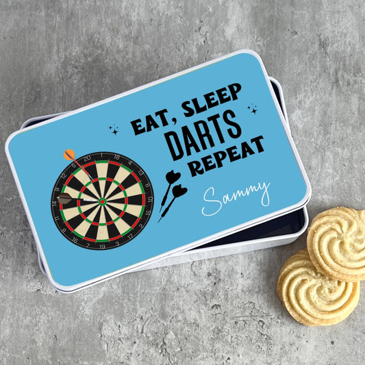 Custom darts tin showing name and font personalisation – gift ideas for dart players