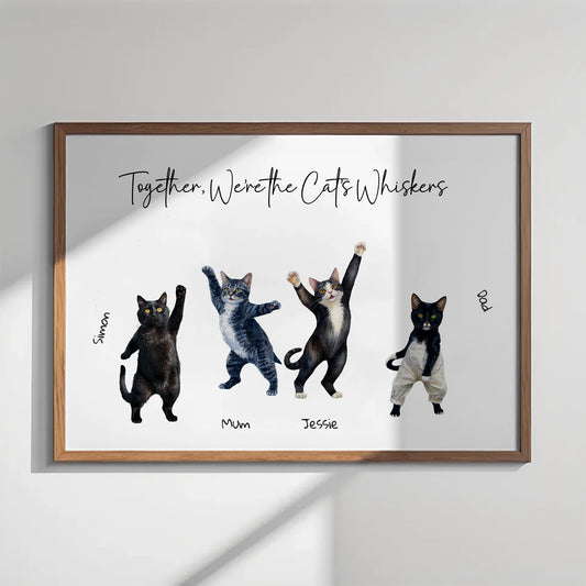 Personalised family portraits art featuring dancing cats