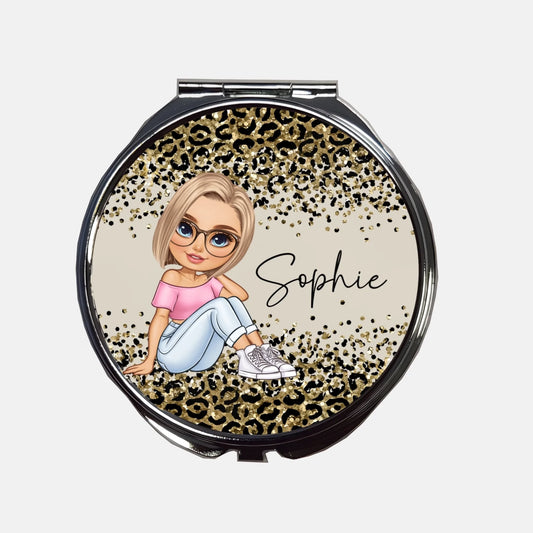 Custom cartoon teen leopard print compact mirror gift