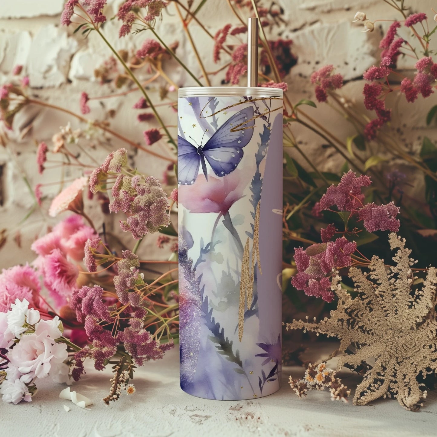 Custom name butterfly tumbler with floral design for women