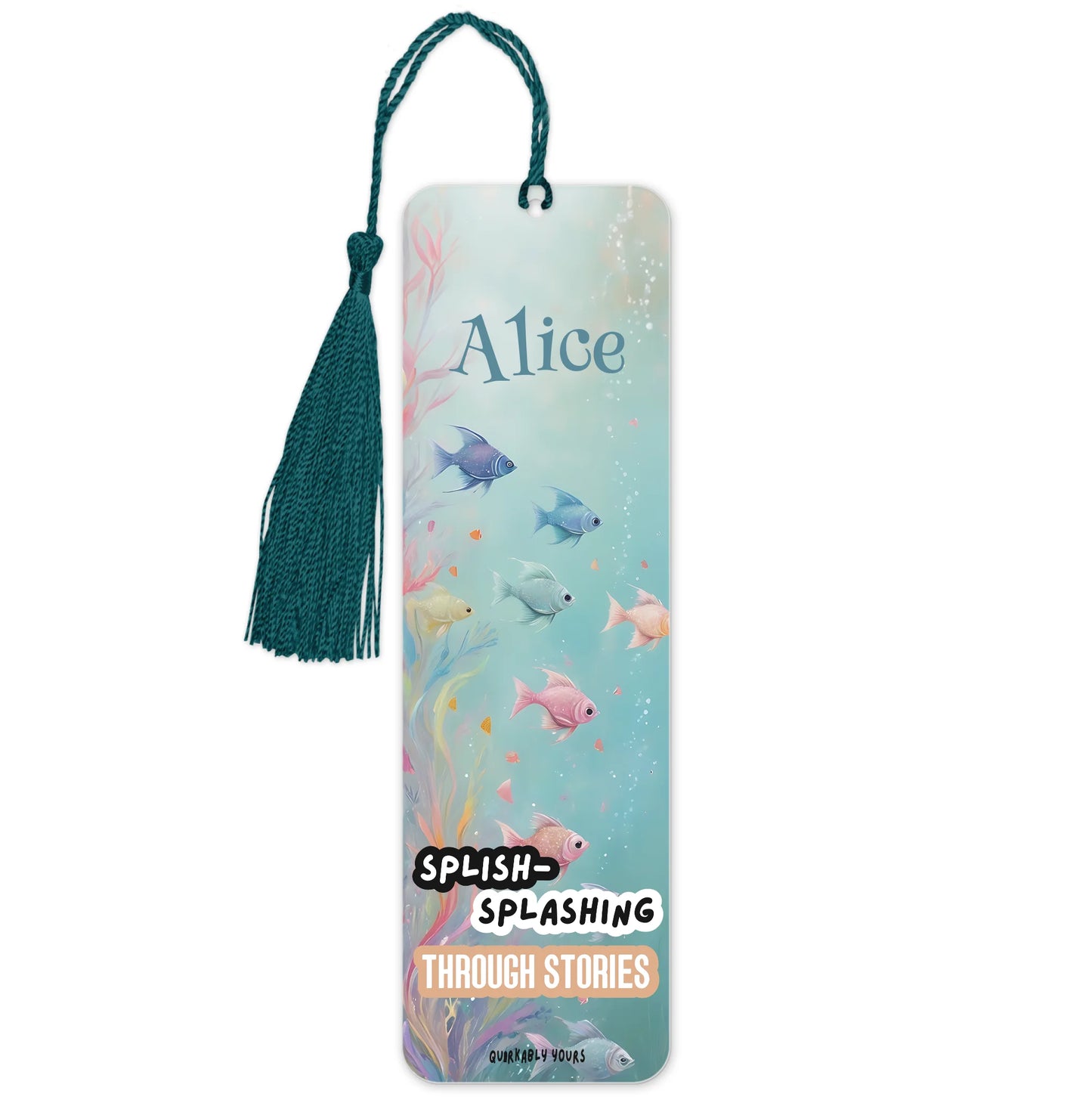 Bookmark with underwater design and name 'Alice', featuring fish illustrations and text.