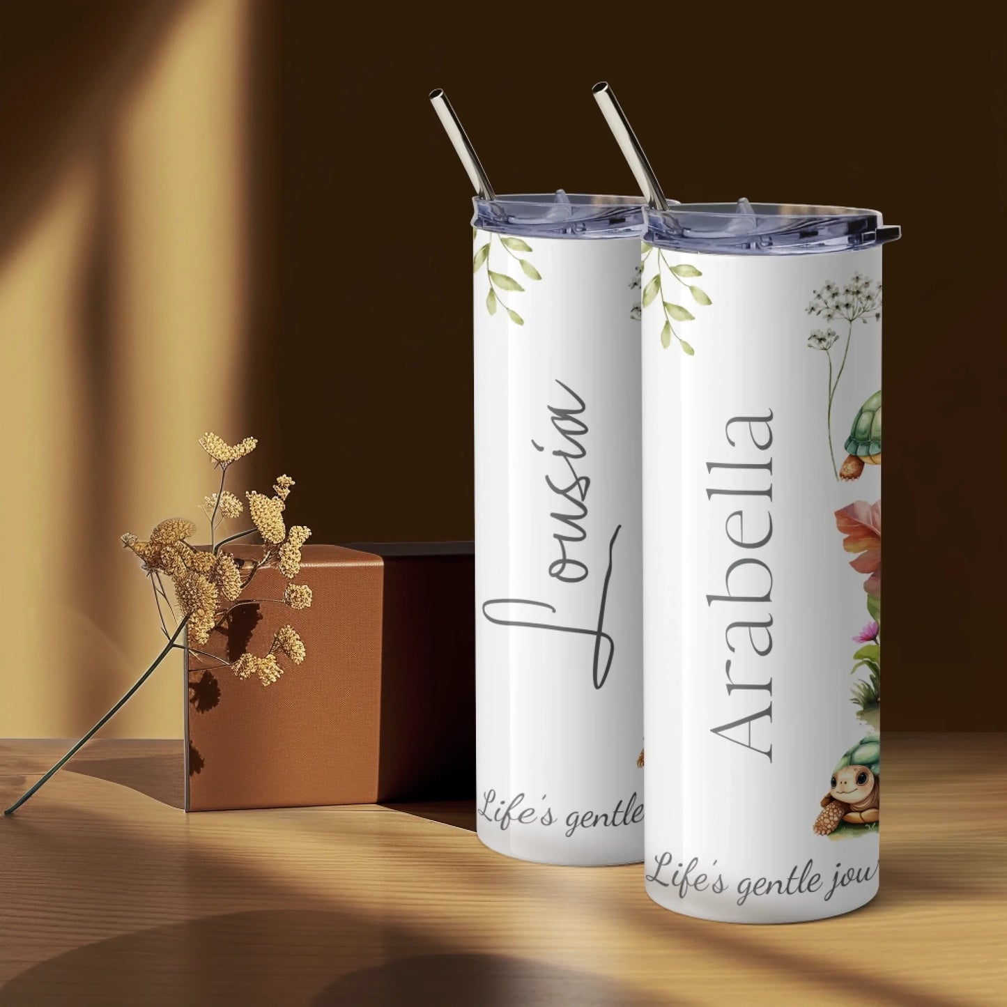 travel mug with watercolour tortoise design and name