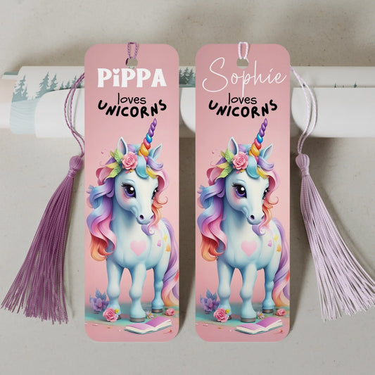 Close-up of personalised unicorn bookmark with shimmer accents and surprise tassel – children’s reading accessory