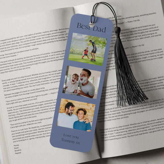 Custom aluminium bookmark with photos and personalised text, perfect UK gift