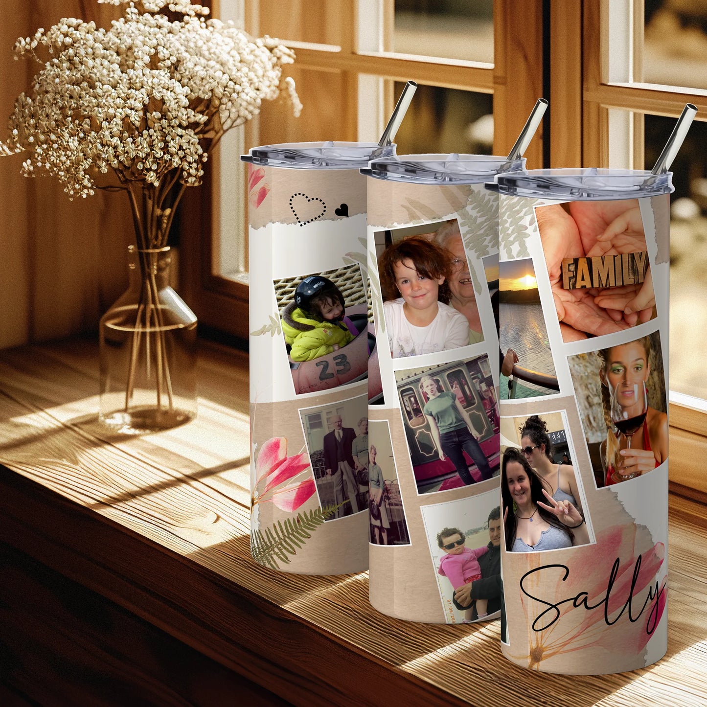 Three personalized tumblers with photo collages and names on a wooden surface.