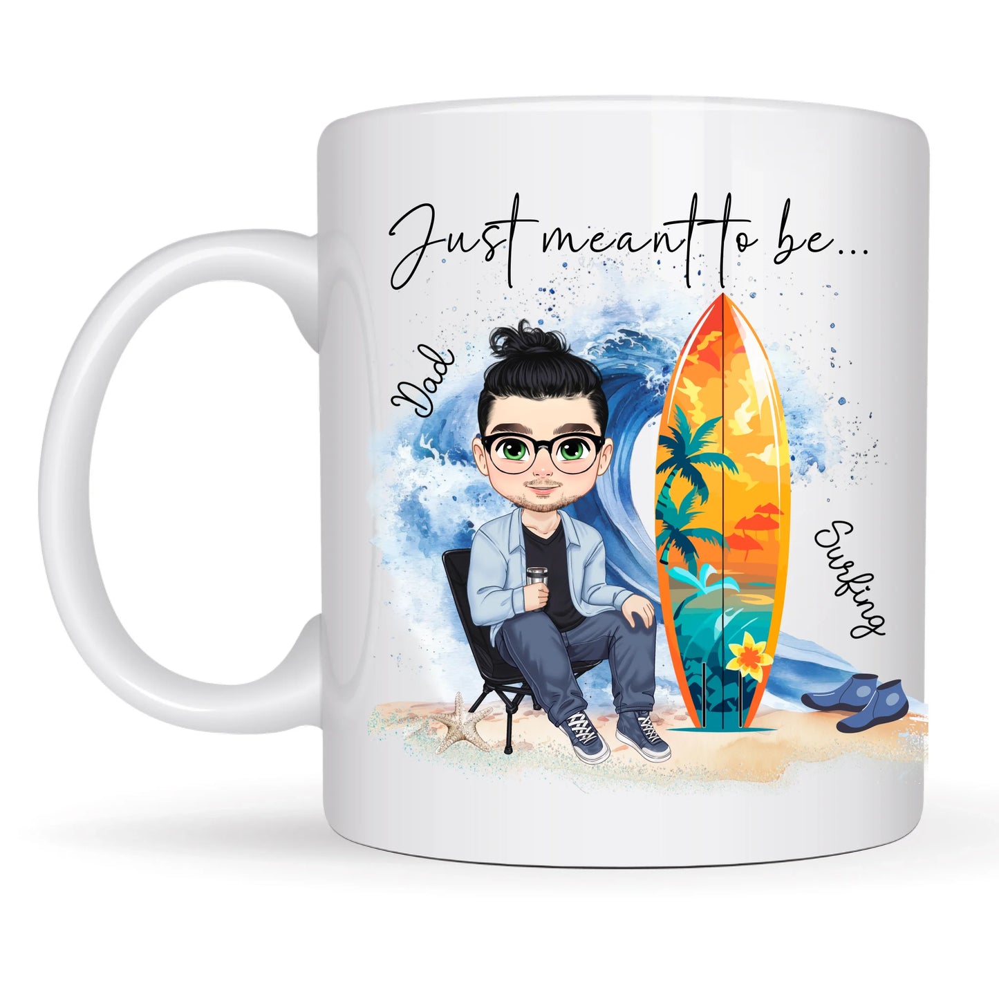Chibi character surfing mug